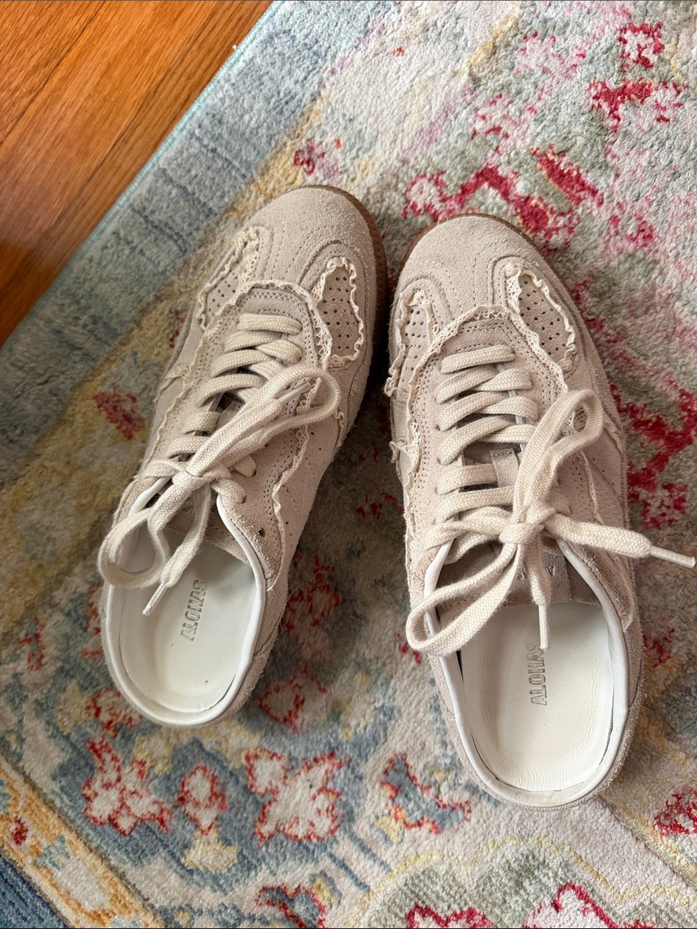 ALOHAS Light Beige Suede Brogue-Style Lace-Up Sneakers